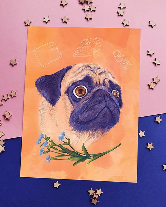 Plakat Mopsik ilustracyjnie