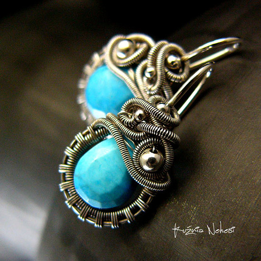 kolczyki wire wrapping Kolczyki Dragony Turkus Srebro