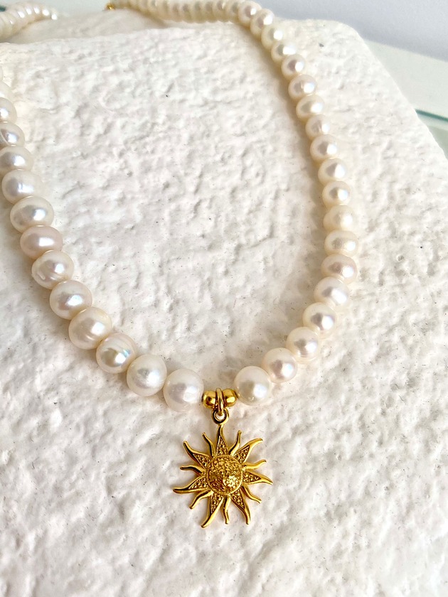 chokery Choker naszyjnik perły naturalne słońce- srebro 925 pozłacane