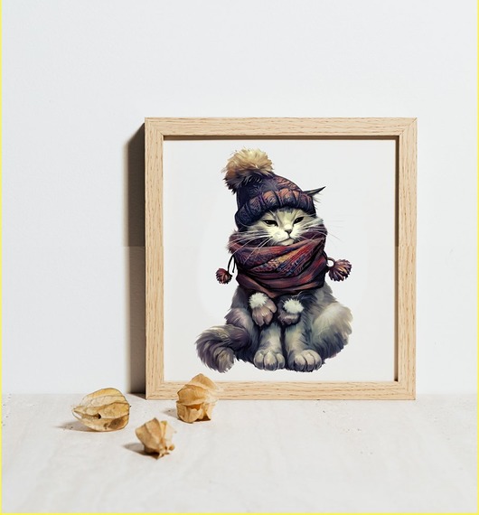 obrazy i plakaty do pokoju dziecięcego Plakat Zimowy Kot 30cm x 30cm