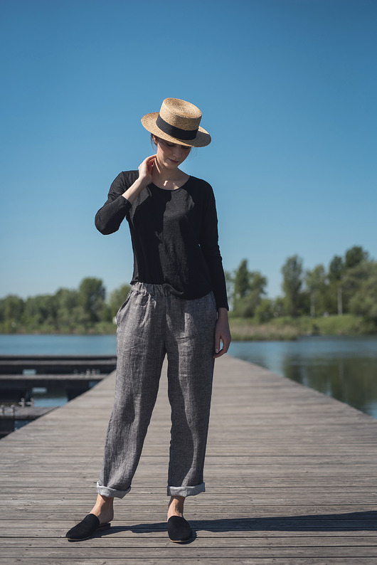 bluzki z długim rękawem damskie Lniana bluzka dzianinowa czarna