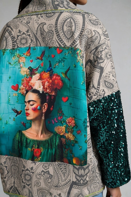 kurtki damskie Auri Lili Kurtka Asana Frida Turquoise z odwracalnymi cekinami one size S