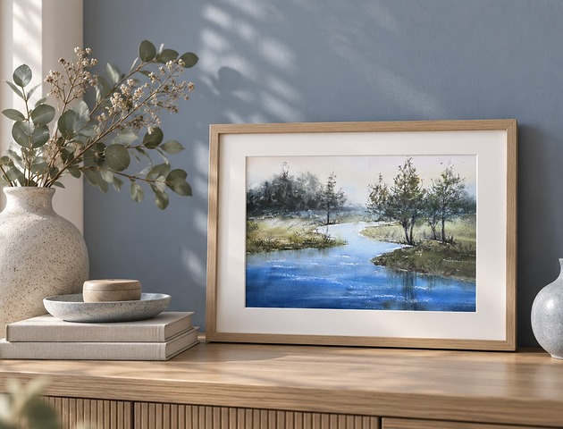obrazy Obraz akwarelowy "Wiosenny brzeg" oprawiony w passe-partout 40x50 cm