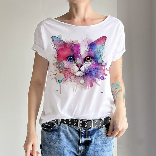 t-shirt damskie Kotek kreski akwarele Biały Oversize