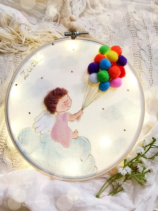 Chrzest - inne Anioł Stróż z balonikami, obrazek podświetlany led