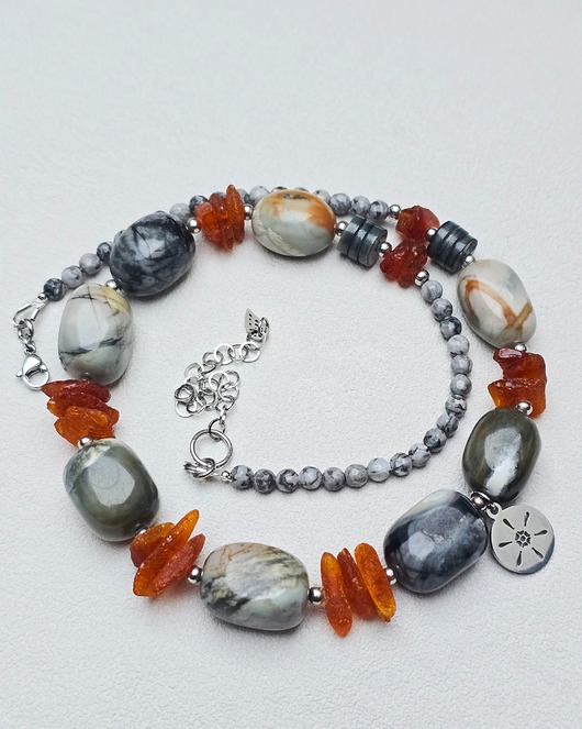 korale Naszyjnik Jaspisowo Bursztynowy Wzburzone Morze