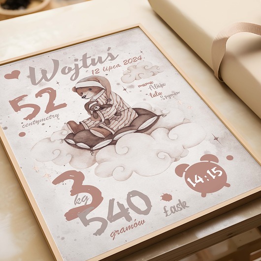 obrazy i plakaty do pokoju dziecięcego Metryczka Miś na chmurce Plakat dla dziecka