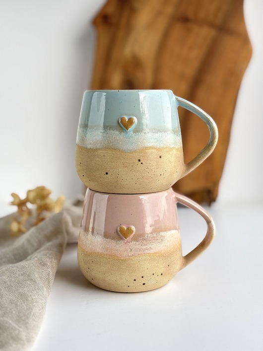 kubki Zestaw dla dwojga - 2 kubki z sercem - różowe i niebieskie migdały