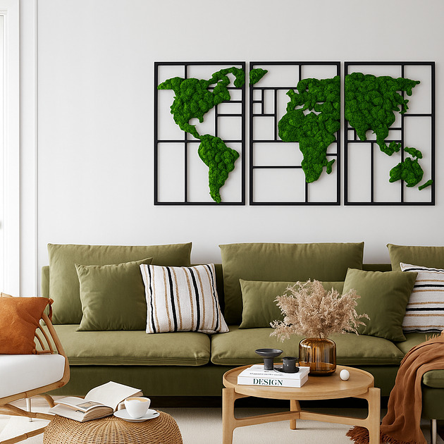 obrazy Tryptyk mapa świata mech chrobotek żywy obraz