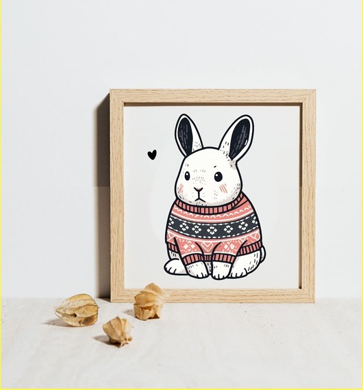 obrazy i plakaty do pokoju dziecięcego Plakat Królik w zimowym Swetrze 30cm x 30cm