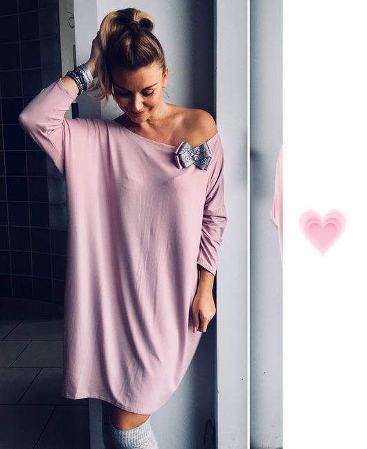 Tunika/ sukienka LATO różowa z szarym pasem Pudrowy Różowy
