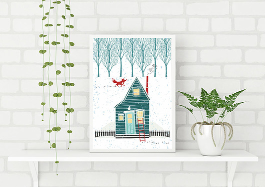 plakat. las, lis i domek Love Life and Forest