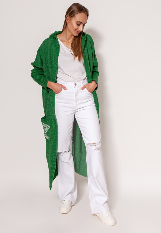 płaszcze damskie Dzianinowy płaszcz z kapturem - PA020 zielony MKM