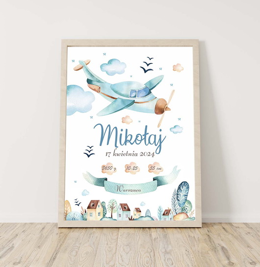 obrazy i plakaty do pokoju dziecięcego Metryczka samolot dla chłopca -  Plakat na ścianę