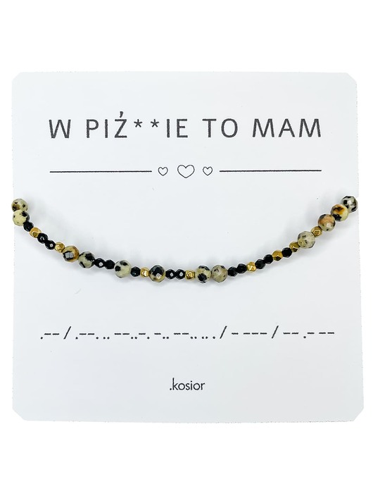 bransoletki na sznurku Bransoletka z alfabetem Morse Jaspis dalmatyński, hematyt, spinel
