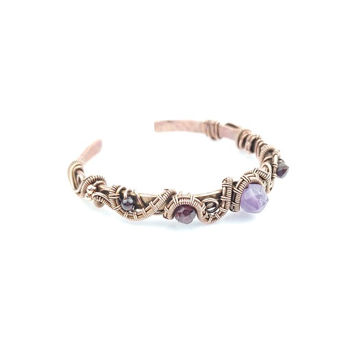 bransoletki wire wrapping Miedziana bransoleta mankietowa z ametystem i granatem - Zamówienie specjalne