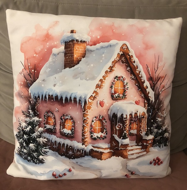poduszki z grafiką Poduszka gwiazdkowa z chatką z piernika