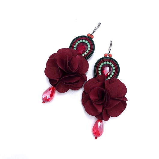 kolczyki soutache Kolczyki sutasz zielono bordowe z kwiatami Bloom