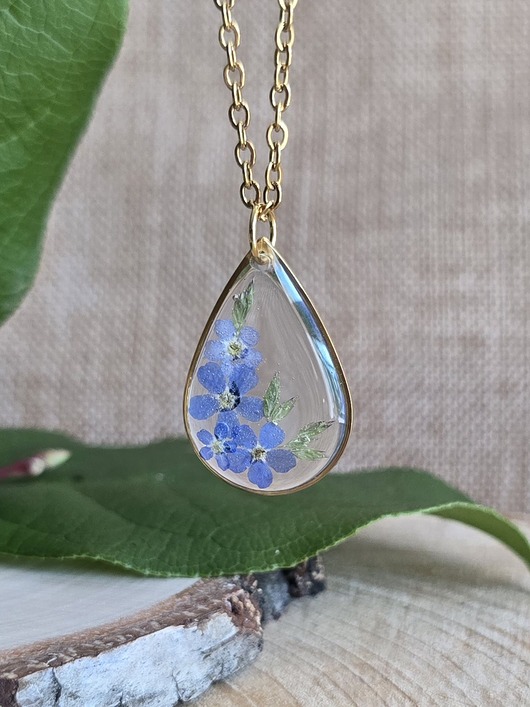 wisiory Złoty wisiorek prawdziwe kwiaty zawieszka łezka łza niezapominajki