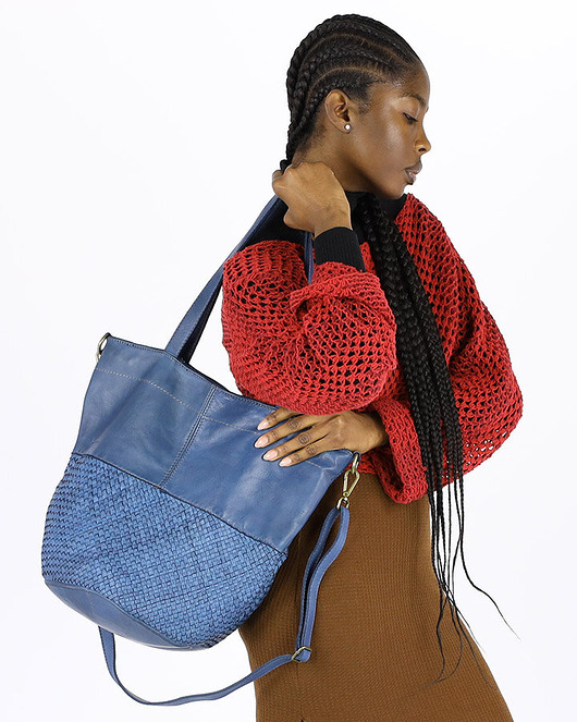 torby na ramię Torba shopper pleciona ze skóry  - MARCO MAZZINI jeans nieb