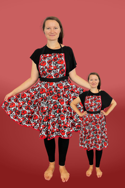 fartuchy kuchenne FARTUCH do gotowania, czerwony print MAKI, 2 rozmiary: dla mamy i córki
