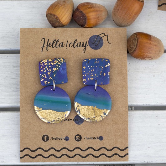 Kolczyki handmade niebieskofioletowe ze złotem Hellaclay