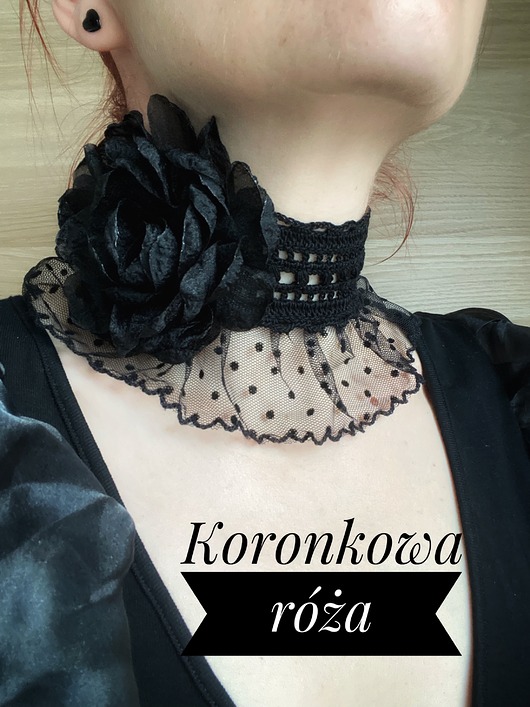 chokery Czarny koronkowy retro naszyjnik z czarną koronkową różą