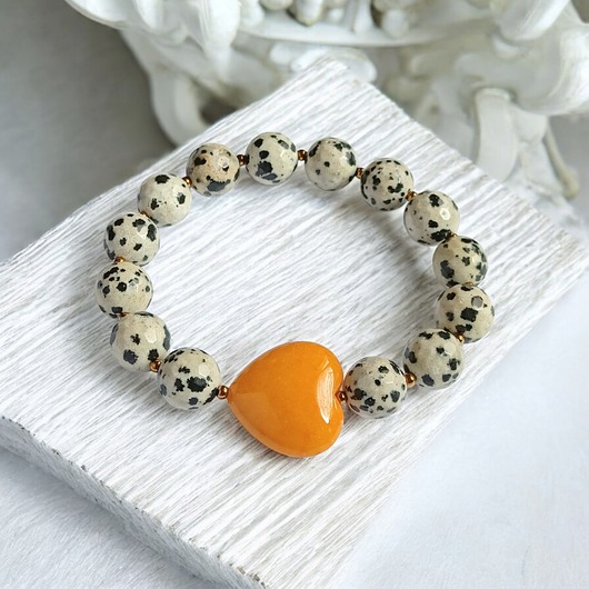 bransoletki z kamieni naturalnych Jaspis dalmatyński i serce : MIODOWE : bransoletka na gumce