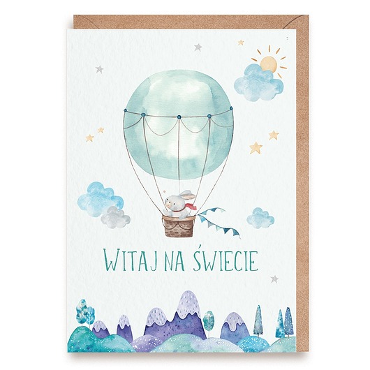 kartki okolicznościowe - wydruki Kartka na narodziny dziecka z zajączkiem - "Witaj na świecie"