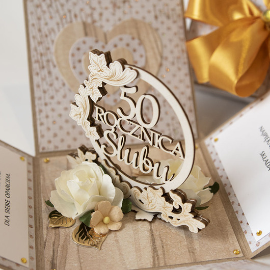 kartki scrapbooking 50 rocznica ślubu, złote gody, exploding box, kartka 3d