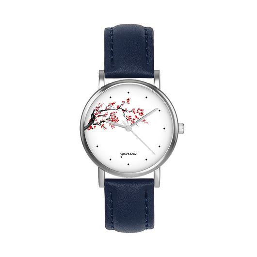 zegarki damskie Zegarek  mały - Kwitnąca wiśnia - skórzany, granatowy