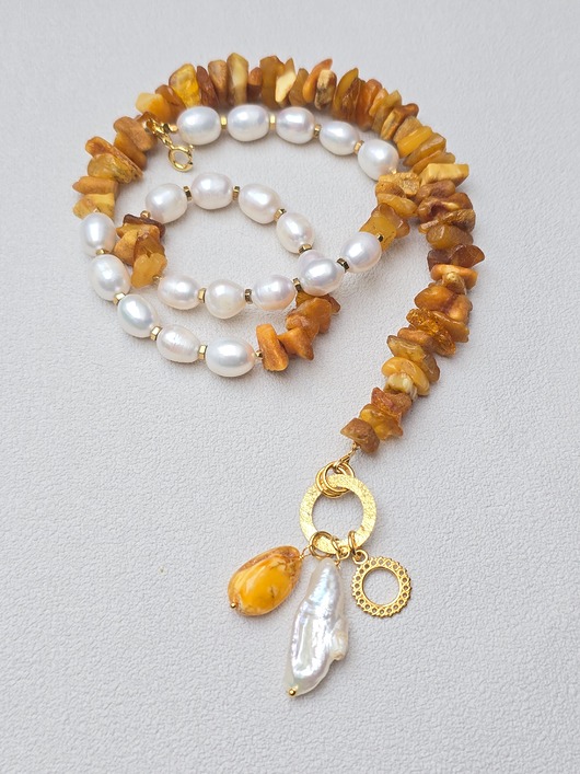 złote naszyjniki Naszyjnik  Perłowo Bursztynowo