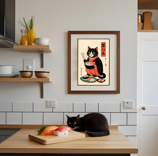 grafiki i ilustracje PLAKAT z kotem z sushi, prezent dla kociary, japońska ilustracja