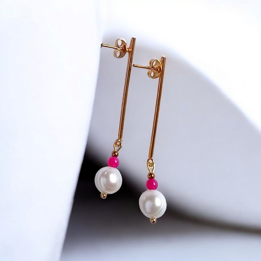 kolczyki z kamieniami Kolczyki FUCHSIA & PEARL collection: perła i agat : długie sztyfty