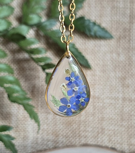 wisiory Złoty wisiorek prawdziwe kwiaty zawieszka łezka łza niezapominajki