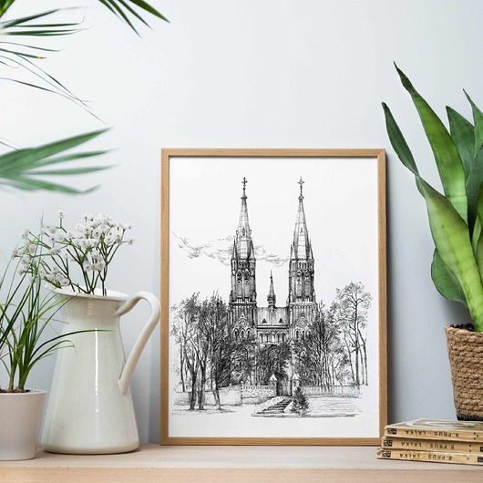 grafiki i ilustracje Pejzaż z kościołem