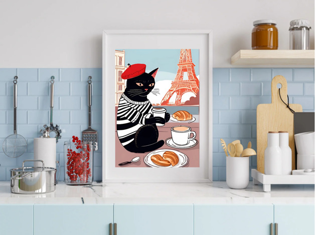 grafiki i ilustracje PLAKAT z kotem, prezent dla kociary, kawa w Paryżu, bonjour