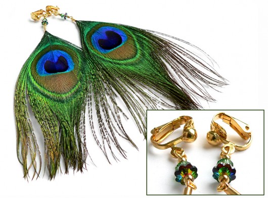 klipsy pawie pióra i kryształ Swarovski Stella