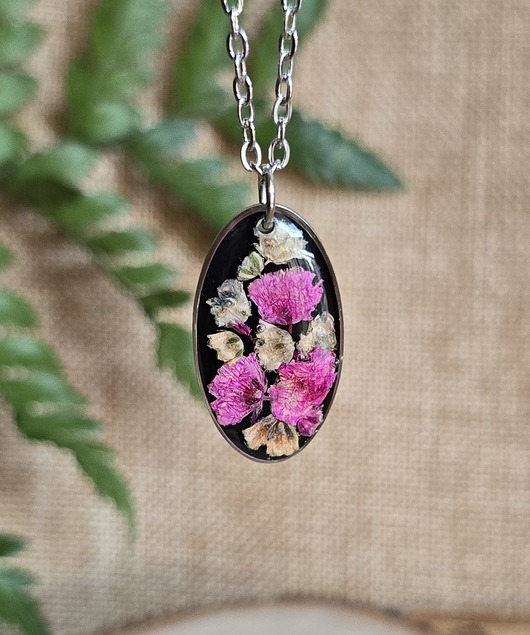 wisiory Wieczne kwiaty srebrna zawieszka prawdziwe kwiaty czarna różowe