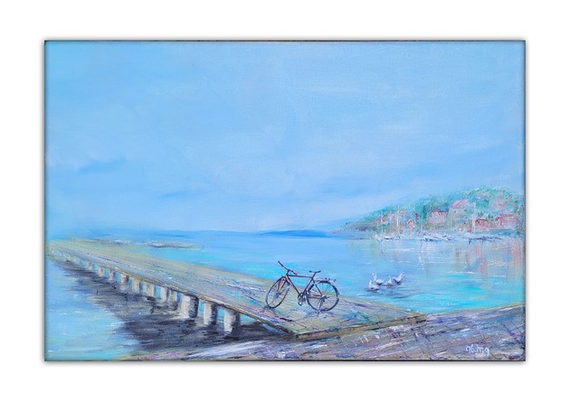 obrazy Obraz olejny 40x60 cm Jezioro Ochrydzkie rower