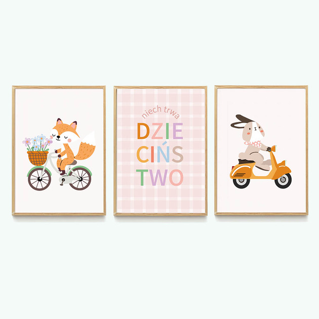 obrazy i plakaty do pokoju dziecięcego Niech trwa dzieciństw - zwierzęta na rowerze różowe ZESTAW