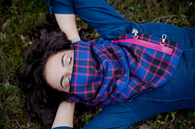 szale damskie Szal wełniany ze skórą- Niebieski różowy