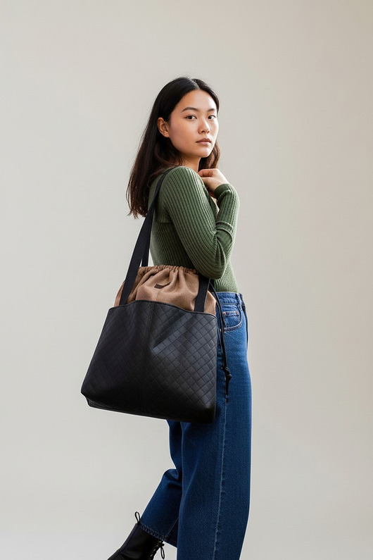 torby na ramię Karmelowo-czarna pikowana duża torba z kominem