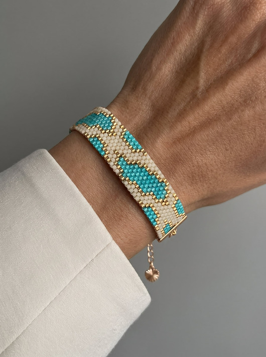 bransoletki ze szkła Turkusowa złota bransoletka z koralików Miyuki - snake pattern