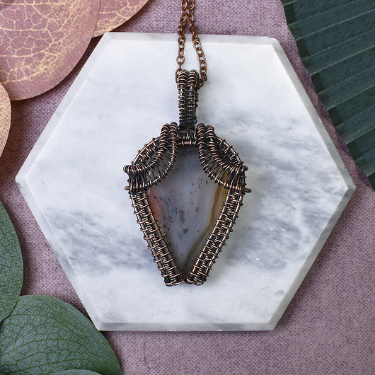 wisiory Miedziany wisiorek wire wrapping z agatem Montana #413