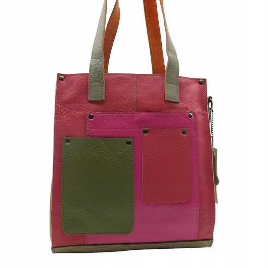torby na ramię Torebka damska shopper, pojemna, skórzana ze skrawków kolorowa OLIVKA