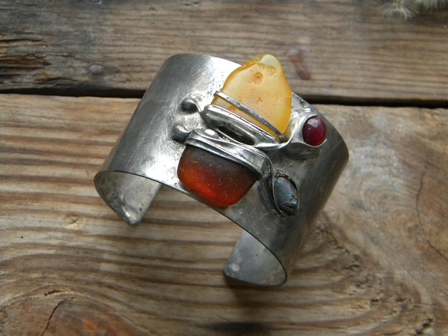 bransoletki wire wrapping Dwa bursztyny  -  bransoleta mankiet CUFF