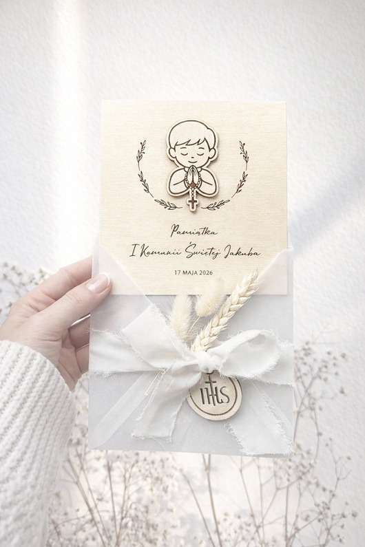 kartki na komunię Kartka na pamiątkę I Komunii Świętej DREWNIANA