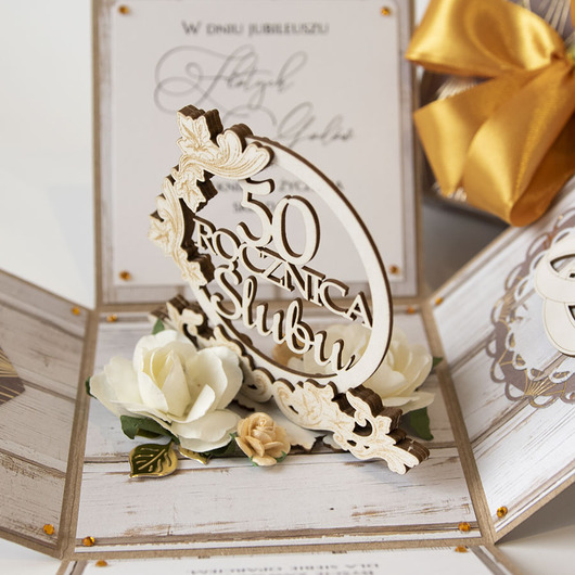 kartki scrapbooking 50 rocznica ślubu, złote gody, exploding box, kartka 3d