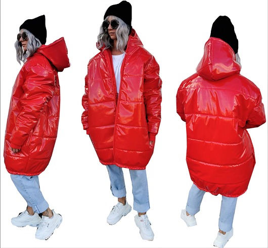 kurtki damskie Czerwona błyszcząca mega oversize ciepła długa kurtka płaszcz